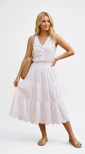 Conjunto, falda y chaleco sastrero blanco