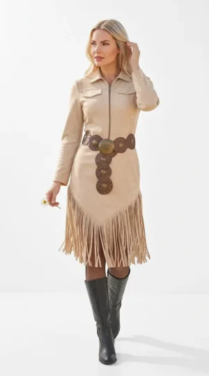 Vestido de Flecos camel, colección KU